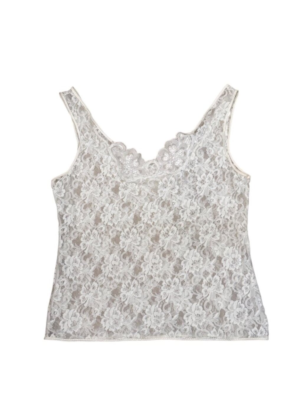90s White Floral Lace Tank Top Womens Sleeveless Stretchy Cottagecore Scalloped